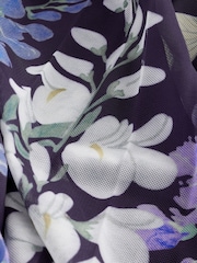 Navy and Purple Floral Kew Collection Mesh Pleated Ruffle Dress - Image 6 of 7