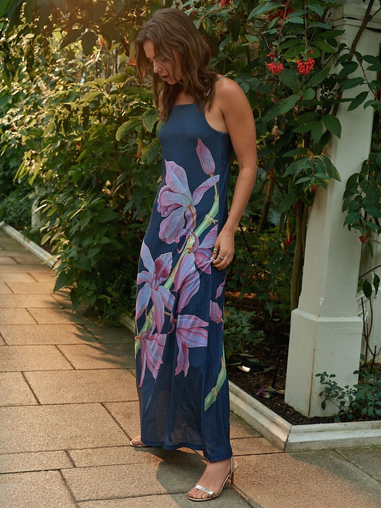 Navy and Pink Floral Kew Collection Strappy Slip Dress - Image 1 of 8