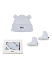 BOSS Blue Embroidered Knitted Beanie Hat and Boots Set of 2 (6-9mths) - Image 1 of 4