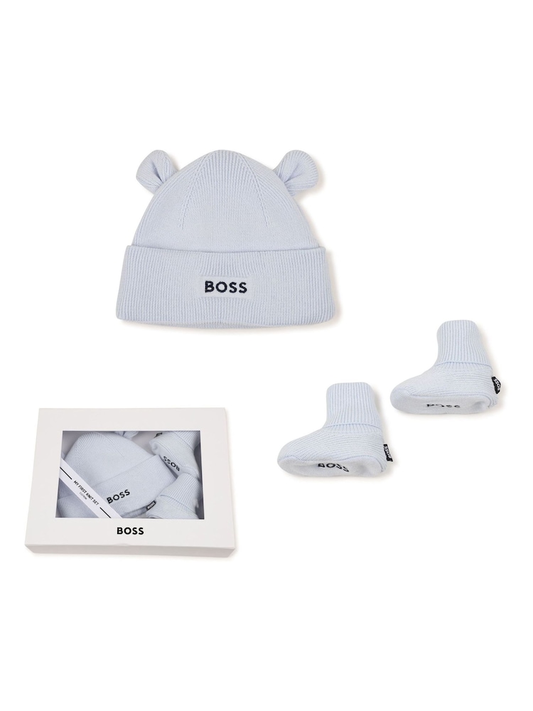 BOSS Blue Embroidered Knitted Beanie Hat and Boots Set of 2 (6-9mths) - Image 1 of 4 BOSS Blue Embroidered Knitted Beanie Hat and Boots Set of 2 (6-9mths) - Image 1 of 4
