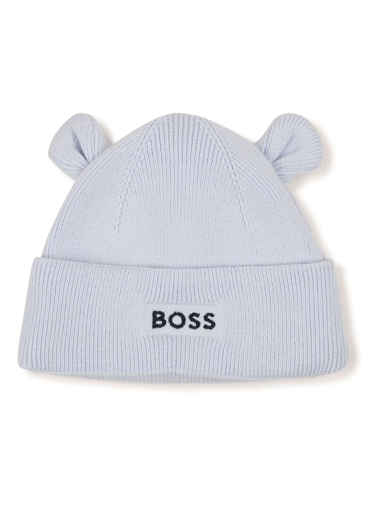 BOSS Blue Embroidered Knitted Beanie Hat and Boots Set of 2 (6-9mths) - Image 2 of 4 BOSS Blue Embroidered Knitted Beanie Hat and Boots Set of 2 (6-9mths) - Image 2 of 4