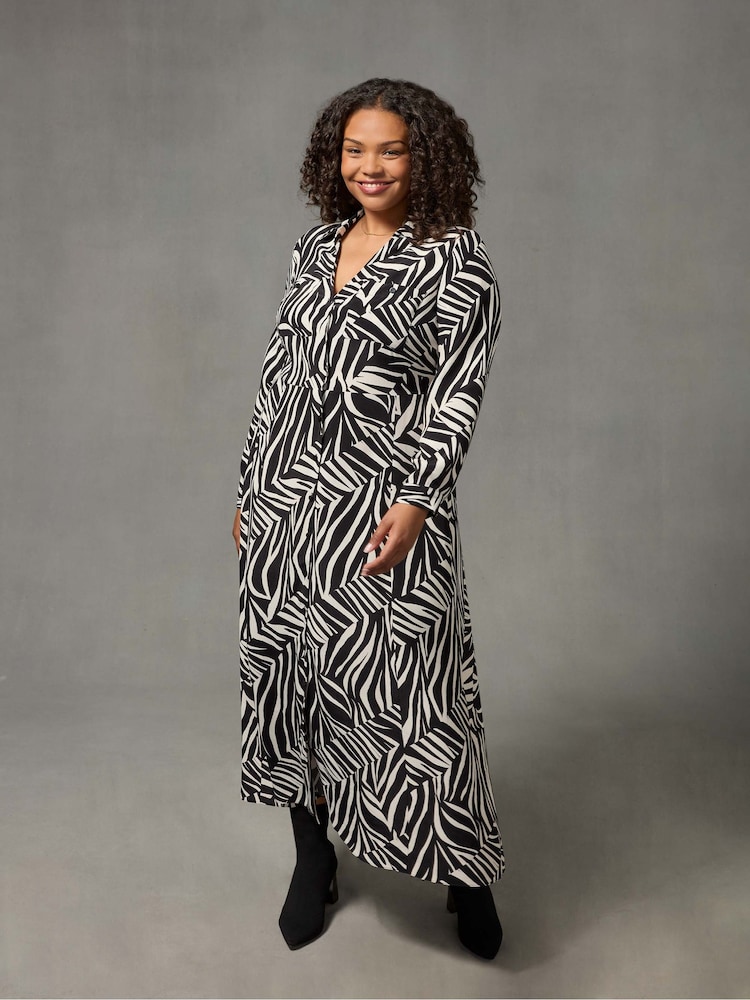 Live Unlimited Black/White Curve Linear Print Shirt Dress - Image 1 of 5