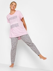 Yours Curve Pink Believe In Yourself Animal Print Cuffed 100% Cotton Pyjama Set - Image 2 of 4