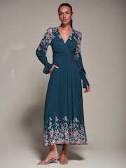 Jolie Moi Blue Printed Mesh Long Sleeve Maxi Dress - Image 1 of 6