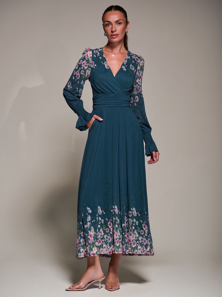 Jolie Moi Blue Printed Mesh Long Sleeve Maxi Dress - Image 1 of 6