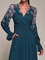 Jolie Moi Blue Printed Mesh Long Sleeve Maxi Dress - Image 2 of 6