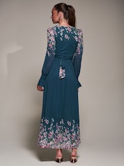 Jolie Moi Blue Printed Mesh Long Sleeve Maxi Dress - Image 3 of 6