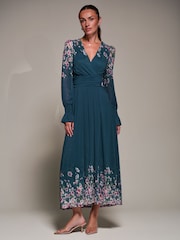 Jolie Moi Blue Printed Mesh Long Sleeve Maxi Dress - Image 4 of 6