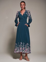 Jolie Moi Blue Printed Mesh Long Sleeve Maxi Dress - Image 6 of 6