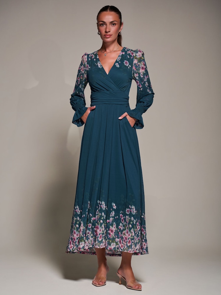 Jolie Moi Blue Printed Mesh Long Sleeve Maxi Dress - Image 6 of 6