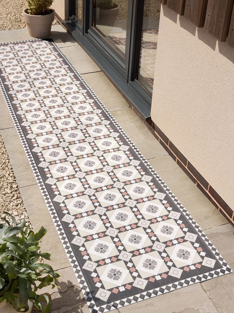 Monochrome Rust Brown Vinyl Traditional Tile Indoor Outdoor Runner - Image 1 of 5