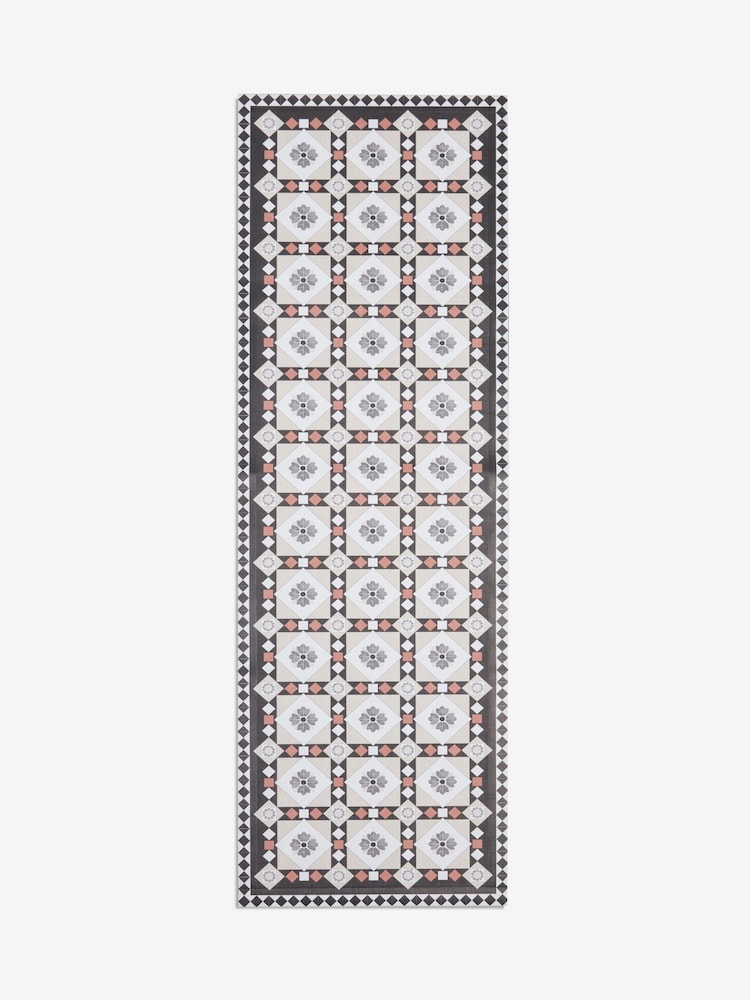 Monochrome Rust Brown Vinyl Traditional Tile Indoor Outdoor Runner - Image 5 of 5
