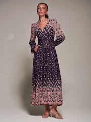 Jolie Moi Purple Printed Mesh Long Sleeve Maxi Dress - Image 1 of 6