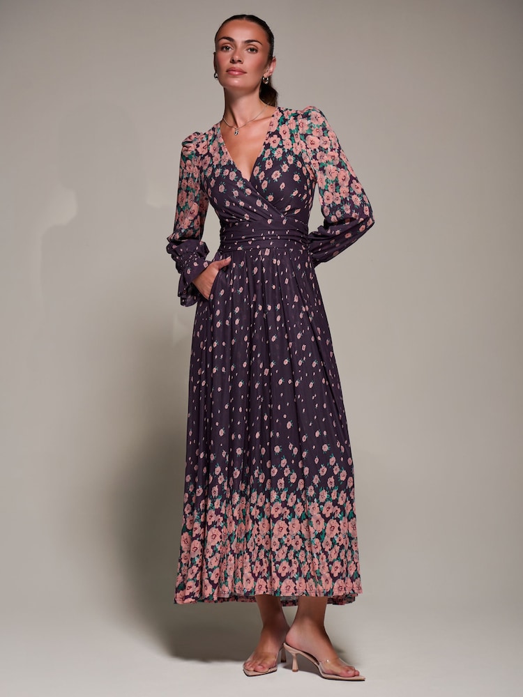 Jolie Moi Purple Printed Mesh Long Sleeve Maxi Dress - Image 1 of 6 Jolie Moi Purple Printed Mesh Long Sleeve Maxi Dress - Image 1 of 6