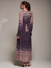 Jolie Moi Purple Printed Mesh Long Sleeve Maxi Dress - Image 2 of 6