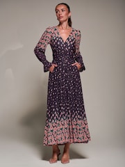 Jolie Moi Purple Printed Mesh Long Sleeve Maxi Dress - Image 3 of 6