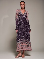 Jolie Moi Purple Printed Mesh Long Sleeve Maxi Dress - Image 4 of 6
