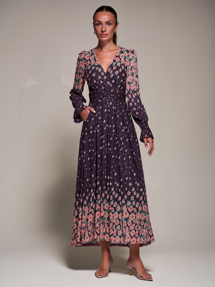 Jolie Moi Purple Printed Mesh Long Sleeve Maxi Dress - Image 6 of 6 Jolie Moi Purple Printed Mesh Long Sleeve Maxi Dress - Image 6 of 6