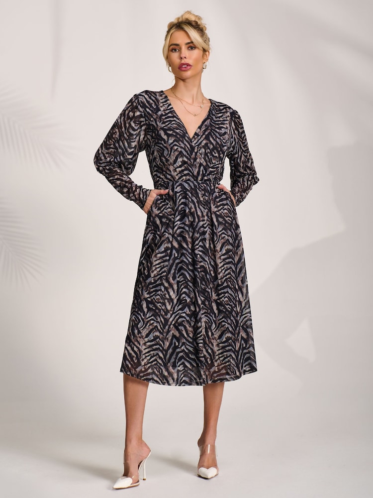 Jolie Moi Brown Mesh Puff Sleeve Midi Dress - Image 1 of 6 Jolie Moi Brown Mesh Puff Sleeve Midi Dress - Image 1 of 6