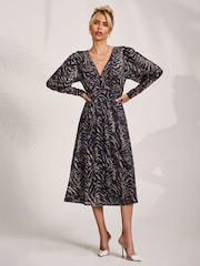 Jolie Moi Brown Mesh Puff Sleeve Midi Dress - Image 4 of 6