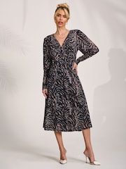 Jolie Moi Brown Mesh Puff Sleeve Midi Dress - Image 6 of 6