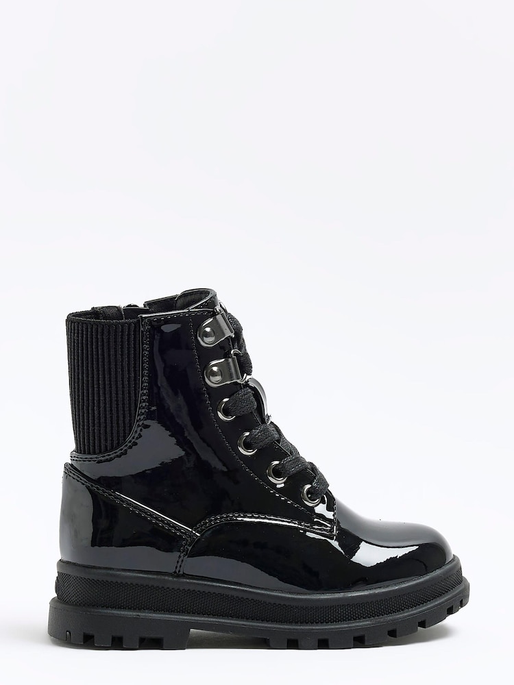 River Island Dark Black Girls Chunky Hiker Lace-Up Boots - Image 1 of 4 River Island Dark Black Girls Chunky Hiker Lace-Up Boots - Image 1 of 4