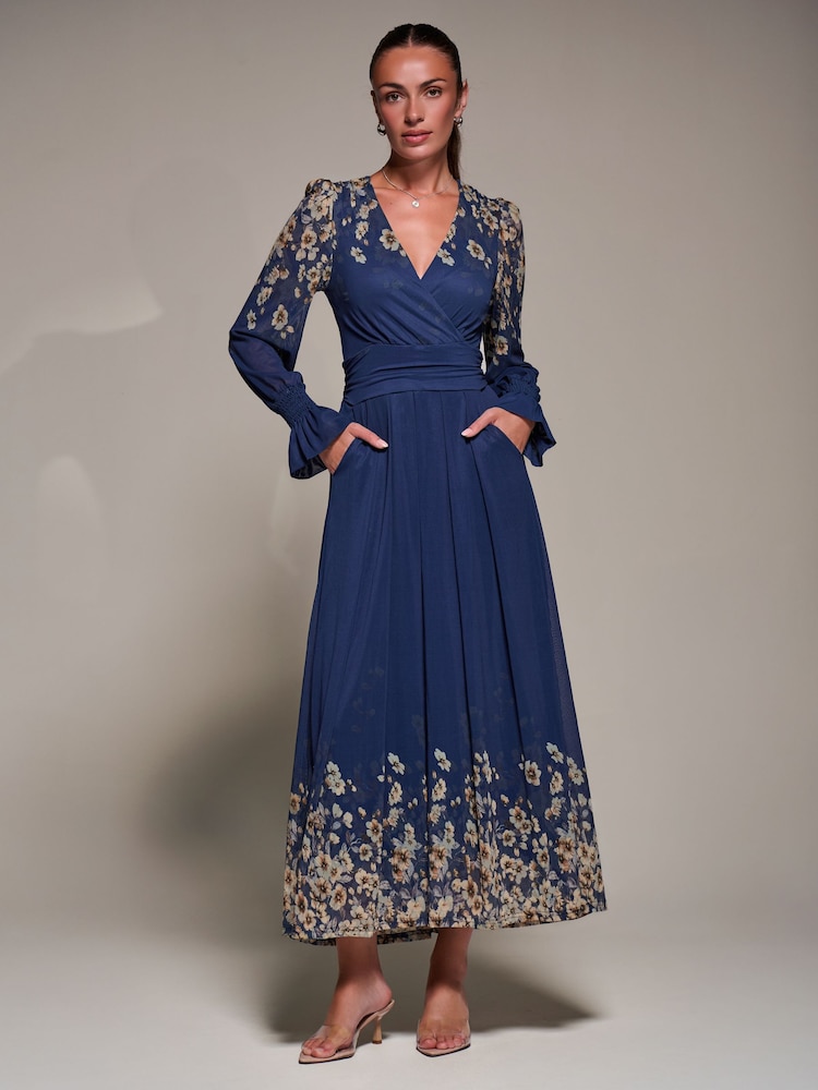 Jolie Moi Navy Blue Printed Mesh Long Sleeve Maxi Dress - Image 1 of 6