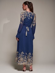 Jolie Moi Navy Blue Printed Mesh Long Sleeve Maxi Dress - Image 2 of 6