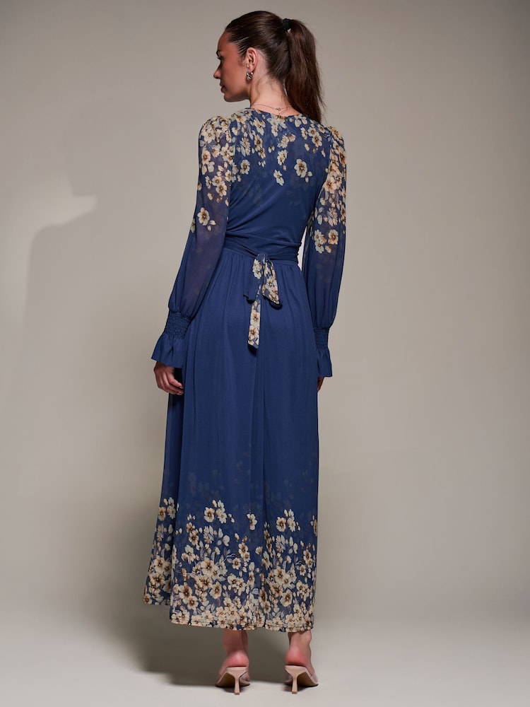 Jolie Moi Navy Blue Printed Mesh Long Sleeve Maxi Dress - Image 2 of 6