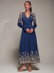Jolie Moi Navy Blue Printed Mesh Long Sleeve Maxi Dress - Image 3 of 6
