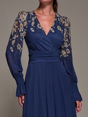Jolie Moi Navy Blue Printed Mesh Long Sleeve Maxi Dress - Image 4 of 6