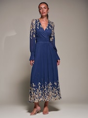 Jolie Moi Navy Blue Printed Mesh Long Sleeve Maxi Dress - Image 5 of 6