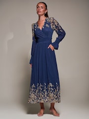 Jolie Moi Navy Blue Printed Mesh Long Sleeve Maxi Dress - Image 6 of 6