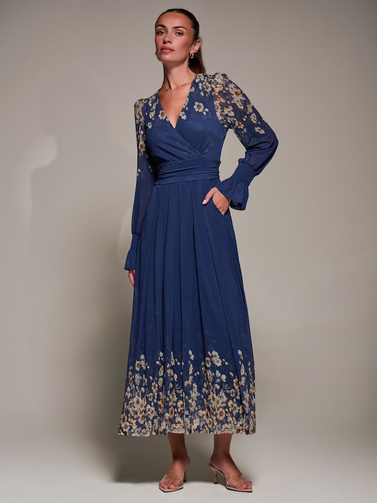 Jolie Moi Navy Blue Printed Mesh Long Sleeve Maxi Dress - Image 6 of 6