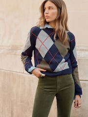 BHOEM Navy Argyle Crew Neck Jumper With Wool - Image 4 of 6