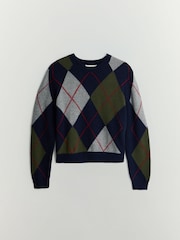 BHOEM Navy Argyle Crew Neck Jumper With Wool - Image 6 of 6