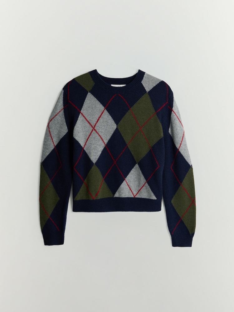 BHOEM Navy Argyle Crew Neck Jumper With Wool - Image 6 of 6