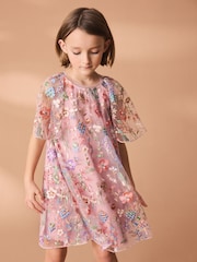 Pink Floral Embroidered Mesh Occasion Dress (3-16yrs) - Image 1 of 7