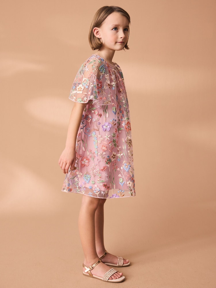 Pink Floral Embroidered Mesh Occasion Dress (3-16yrs) - Image 2 of 7