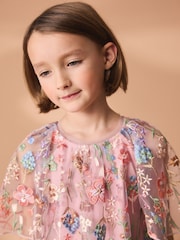 Pink Floral Embroidered Mesh Occasion Dress (3-16yrs) - Image 4 of 7