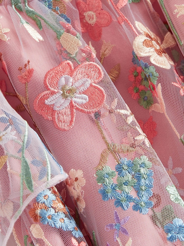 Pink Floral Embroidered Mesh Occasion Dress (3-16yrs) - Image 7 of 7