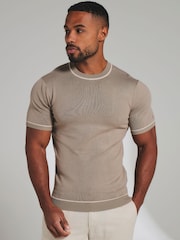 Tailored Athlete Light Brown Muscle Fit Contrast Tipped Knitted T-Shirt - Image 1 of 7
