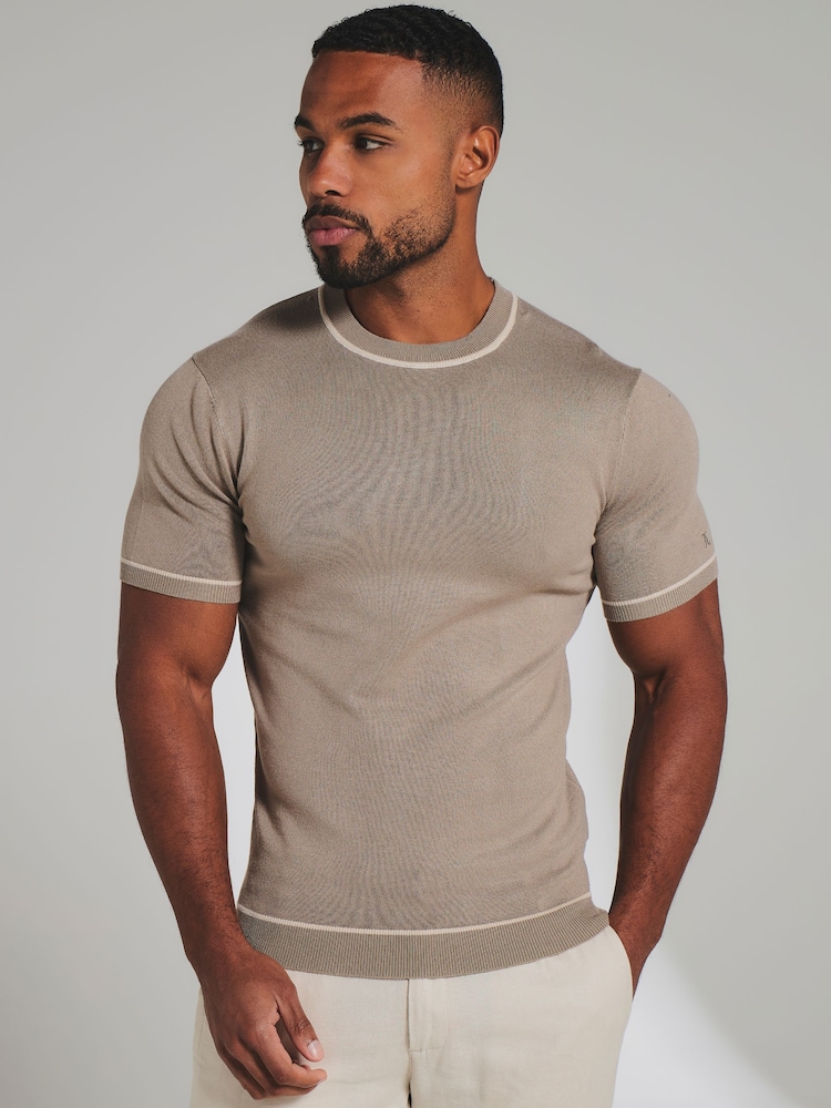 Tailored Athlete Light Brown Muscle Fit Contrast Tipped Knitted T-Shirt - Image 1 of 7 Tailored Athlete Light Brown Muscle Fit Contrast Tipped Knitted T-Shirt - Image 1 of 7