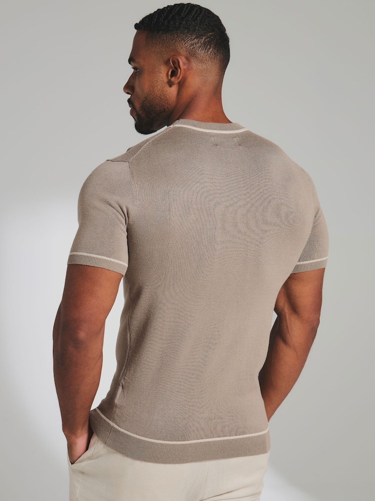 Tailored Athlete Light Brown Muscle Fit Contrast Tipped Knitted T-Shirt - Image 2 of 7 Tailored Athlete Light Brown Muscle Fit Contrast Tipped Knitted T-Shirt - Image 2 of 7