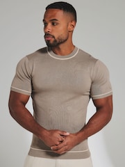 Tailored Athlete Light Brown Muscle Fit Contrast Tipped Knitted T-Shirt - Image 3 of 7