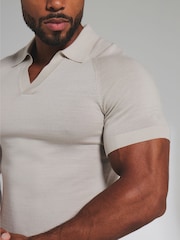 Tailored Athlete Cream Muscle Fit Extra Fine Merino Wool Knitted Open Collar Polo Shirt - Image 2 of 6