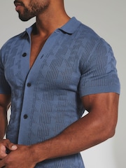 Tailored Athlete Blue Muscle Fit Geo Crochet Knitted Shirt - Image 4 of 6