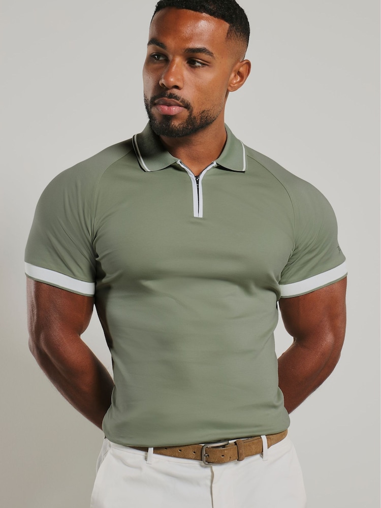 Tailored Athlete Olive Green Muscle Fit Mercerised Cotton Tipped Zip Neck Polo Shirt - Image 1 of 3 Tailored Athlete Olive Green Muscle Fit Mercerised Cotton Tipped Zip Neck Polo Shirt - Image 1 of 3