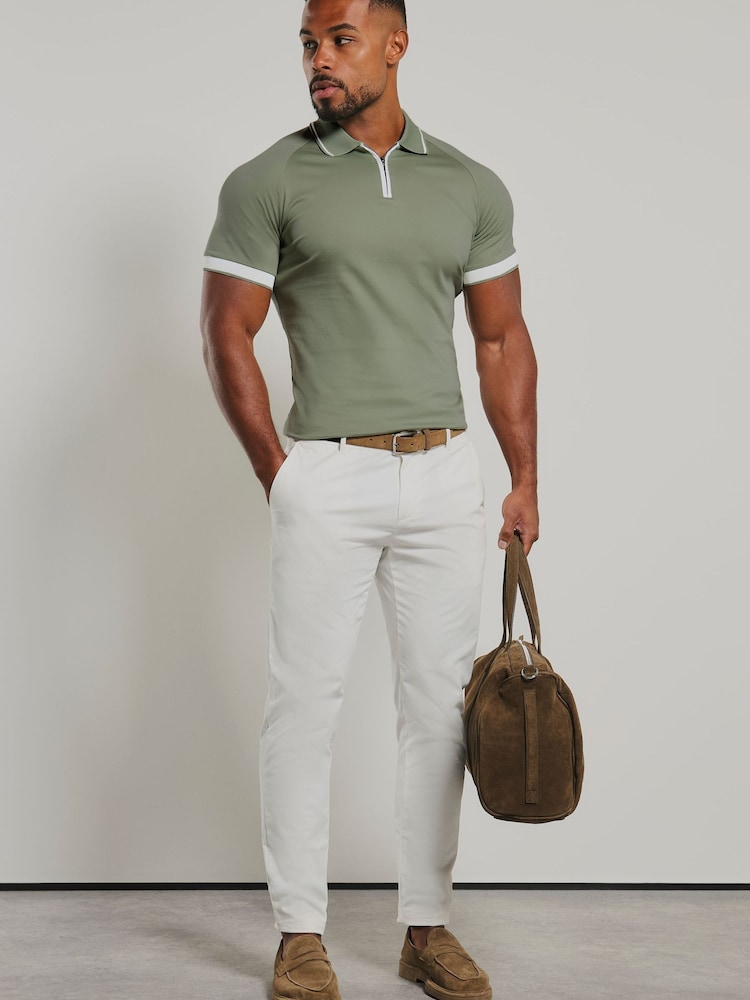 Tailored Athlete Olive Green Muscle Fit Mercerised Cotton Tipped Zip Neck Polo Shirt - Image 3 of 3 Tailored Athlete Olive Green Muscle Fit Mercerised Cotton Tipped Zip Neck Polo Shirt - Image 3 of 3