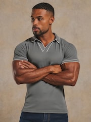 Tailored Athlete Green Muscle Fit Tipped Textured Open Collar Polo Shirt - Image 1 of 7